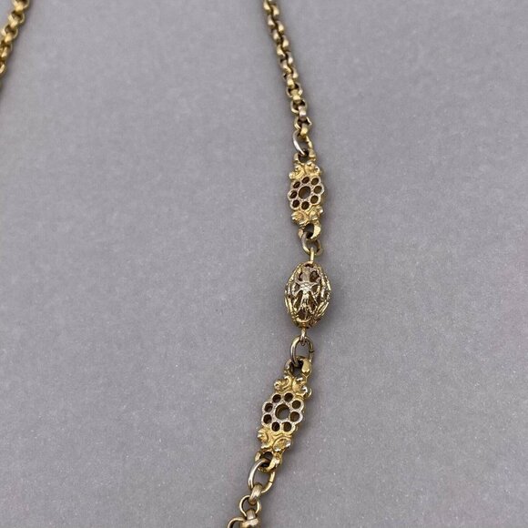 Trifari Gold and Silver Tone Round Link Long Chain Filigree Necklace 37 Inch - Picture 3 of 7